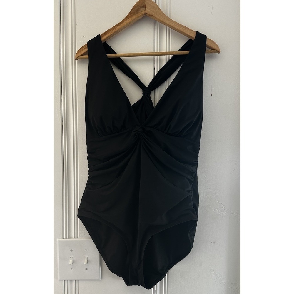 Black Ruched One Piece Swimsuit XL Twist Front Tummy Control Minimalist Swim